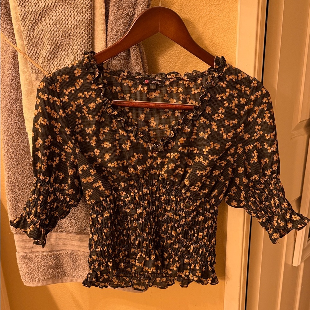 Michele Black and Cream Floral Smocked Blouse